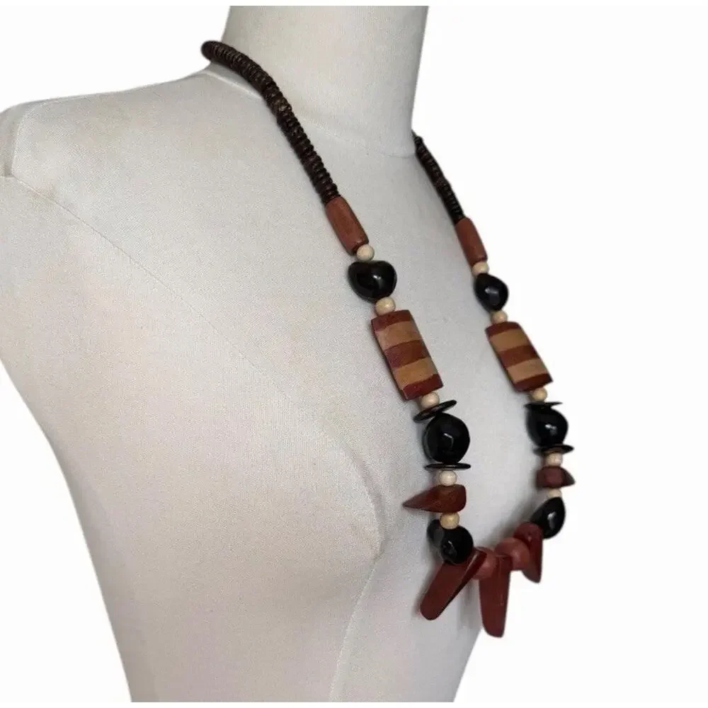 Chunky Wood Beaded Statement Necklace Brown Black Boho Artisan Style